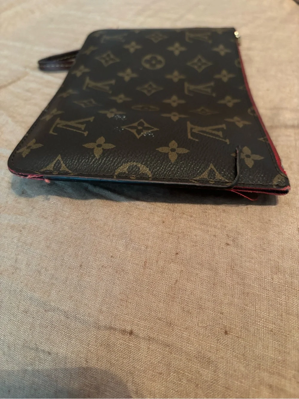Louis Vuitton Classic Monogram Neverfull Pouch Wristlet - Cerise (Cherry Red)